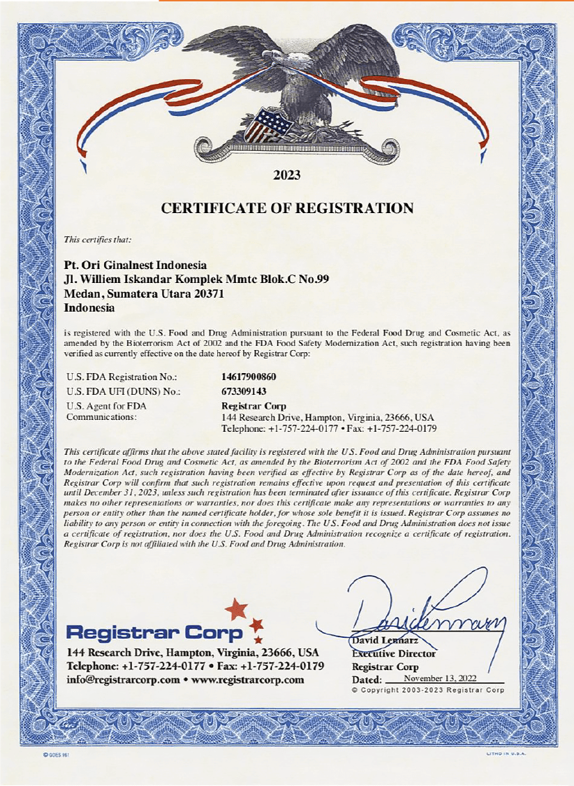 Certificate FDA | Indonesia Bird Nest